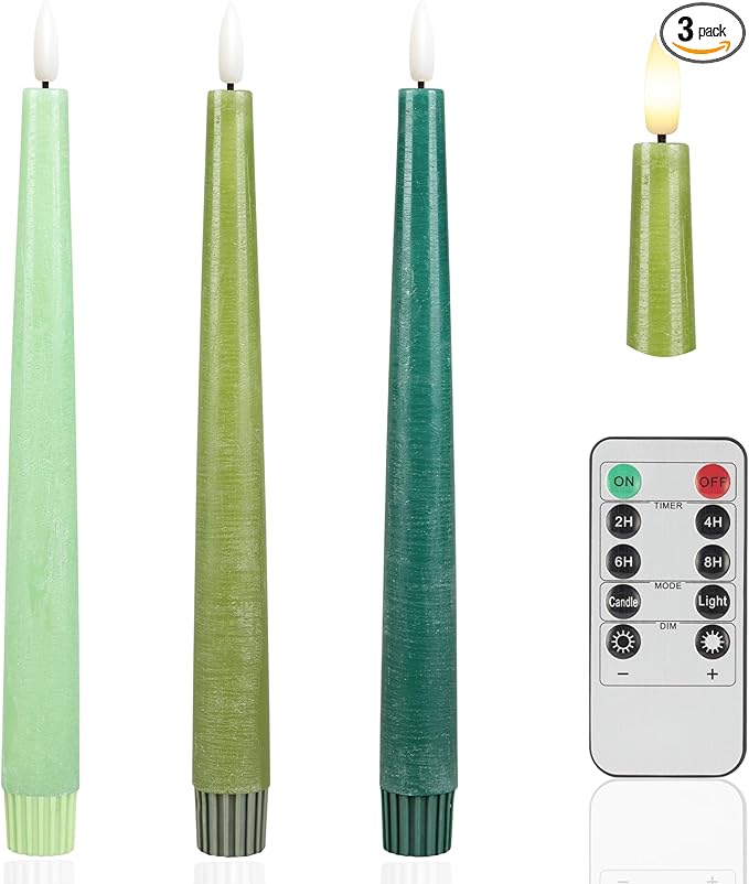 Green Flameless Taper Candles, 9.6" Real Wax Battery Operated Candles with Remote, 3 Pack Flickering, Gradient Candlesticks, Fake Candle for Home, Wedding, Party Decor