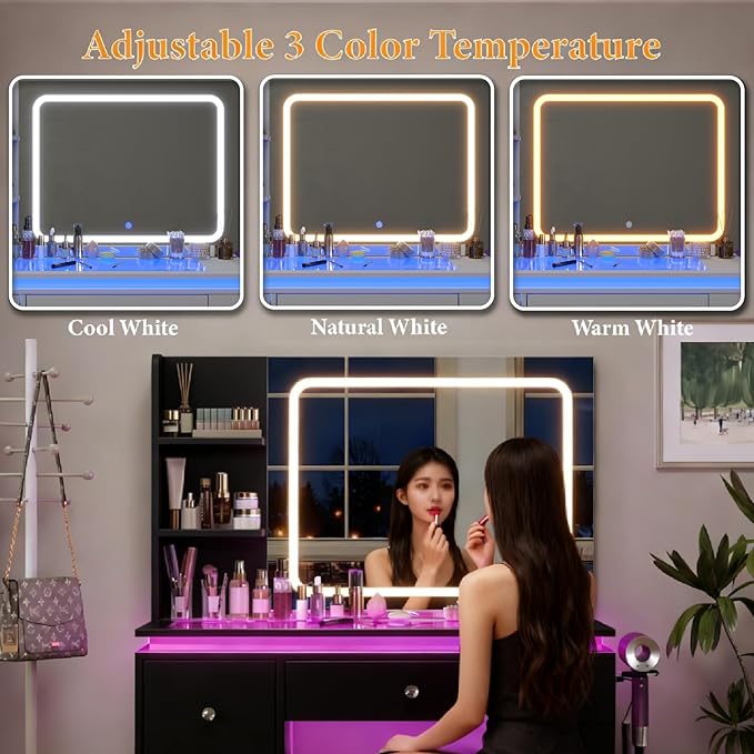 Black Vanity Desk with Illuminated Mirror & Power Outlet, Bedroom Dresser LED Mirror Stepless Dimmable & 3 Color Modes Adjustable RGB Drawers, for Women Girls Bedroom（Pure Black