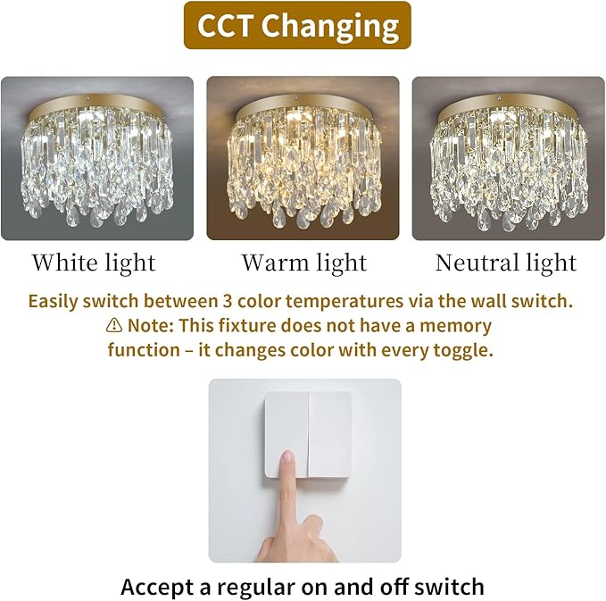 Deckrico 11.8" Gold Crystal Flush Mount Ceiling Light Fixture, Modern Close to Ceiling Chandelier with Tri-Color LED Lighting for Bedroom Hallway Dining Room