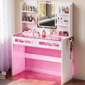Vanity Desk with LED Lights Mirror & Power Outlet, Transparent Top Vanity with 2 RGB Drawers, 3 Lighting Modes & Adjustable Brightness, Dressing Table for Women Girls Bedroom, White