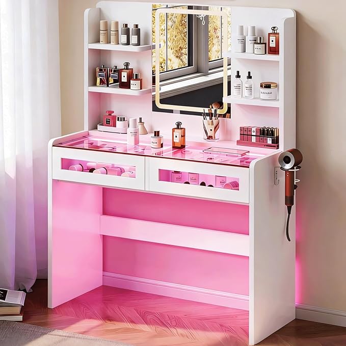 Vanity Desk with LED Lights Mirror & Power Outlet, Transparent Top Vanity with 2 RGB Drawers, 3 Lighting Modes & Adjustable Brightness, Dressing Table for Women Girls Bedroom, White