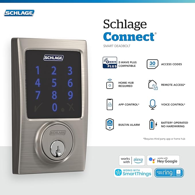 Schlage Connect Smart Deadbolt Lock with Touchscreen Keypad, Keyless Front Door Entry, Z-Wave Plus Compatible, Aged Bronze, BE469ZP CEN 716