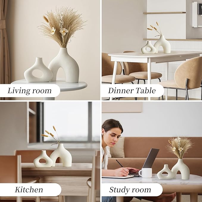 AWNR White Ceramic Vase Set of 2 for Modern Home Decor, Minimalist Round Donut Flowers Vase for Centerpieces Unique Neutral Boho Vase for Living Room Tv Stand Dining Room Dinner Table Decoration