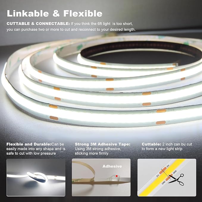 5v COB Led Strip Lights USB Powered 6000k White CRI93+ 6ft Dotless Led Tape Light with Dimmer, Flexible & Cuttable Dimmable COB Strips for Sewing Machine 3D Printer TV DIY Cabinet Lighting