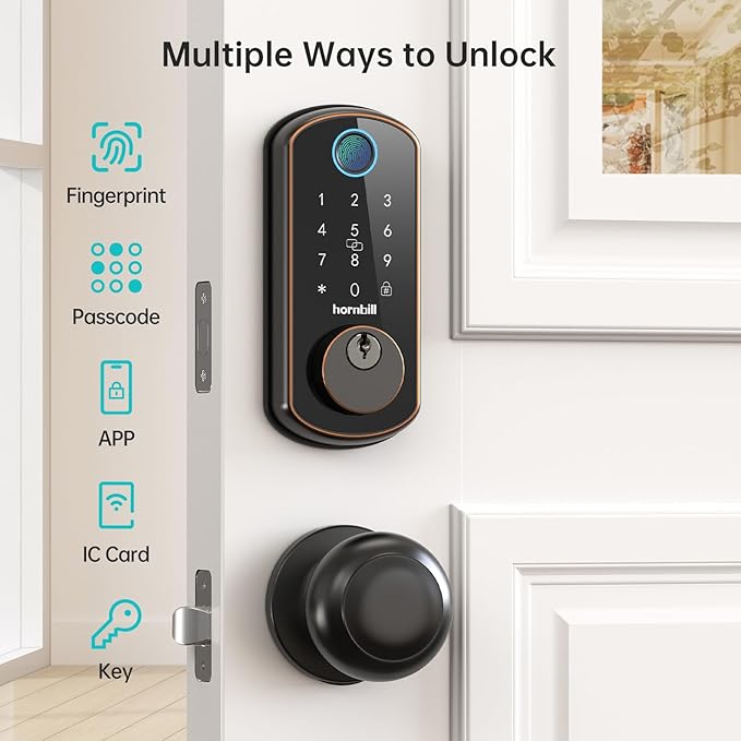 Smart Front Door Lock Set: Hornbill WiFi Keyless Entry Door Lock Deadbolt with Handle Set with 2 Knobs Alexa Bluetooth Remote Code for Home Oil Rubbed Bronze