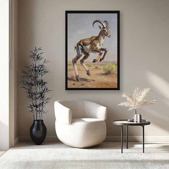 Framed Steampunk Mechanical Antelope Wall Art - Desert Futuristic Poster for Loft Living Room Decor 12x18in