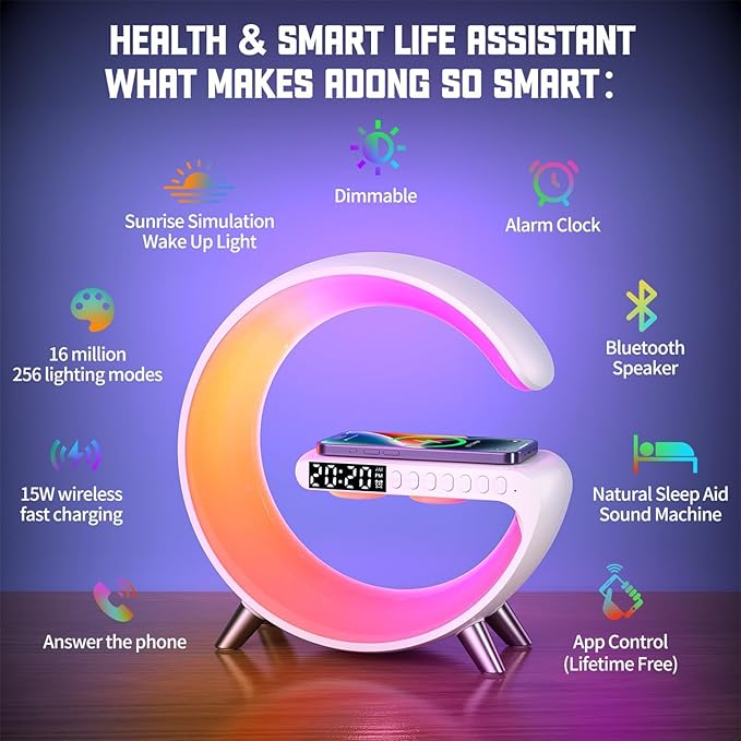 Smart LED Bedside Table Lamp with Bluetooth Speaker & App Control | 15W Wireless Charging Dock | Sunrise Alarm Clock, Night Light & Ambient Sound | Modern Bedroom Home Decor