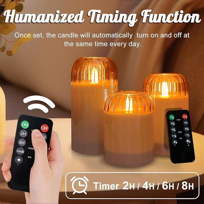 3Pcs LED Candle Set Rechargeable with Remote Control,Grey Glass Flameless Candles,Candle Lights for Home Decor, Bedroom, Bathroom Accessories，Pumpkin Fake Candles for Halloween