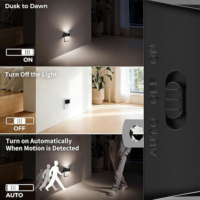 DORESshop LED Night Light[4 Pack], Night Lights Plug into Wall, 3 Mode Plug in Night Light with Motion Sensor, Dusk to Dawn Sensor, 5000K Daylight White, Nightlights for Adults, Bedroom, Hallway