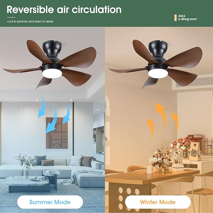 Ceiling Fans with Lights and Remote/APP Control, 30 inch Low Profile Ceiling Fans with 5 Reversible Blades 3 Colors Dimmable 6 Speeds Ceiling Fan for Bedroom Dining Room, Wood Color
