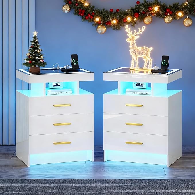 White Night Stand Set 2 with Wireless Charging Station,Smart Bedside Table with 3 Drawers,Modern Glass Top End Table with 3 Color Dimmable,LED Nightstand for Bedroom