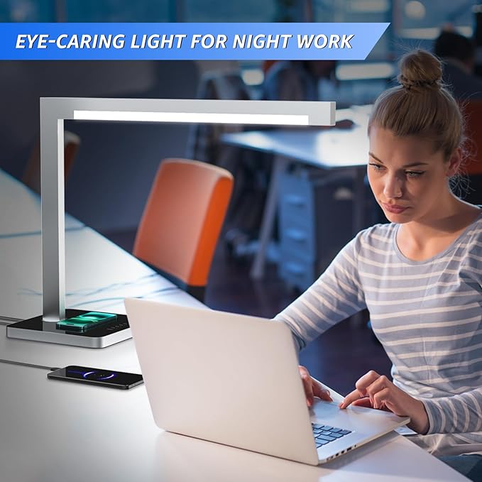 Aluminum LED Desk Lamp with Charging Station, 15W Table Lamp with Type-C Ports & 4 Color Temperature Modes(3000K-6000K), Dimmable Reading Light for Home Office,Bedroom (Includes Adapter)