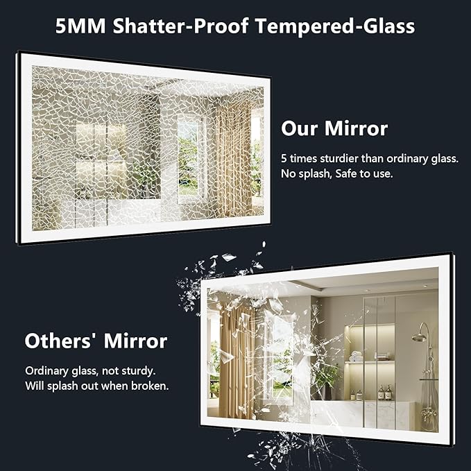 72x40 Inch LED Bathroom Mirror with Lights (Front Lit and Backlit) Black Framed Lighted Vanity Mirror for Bathroom Wall Dimmable Anti-Fog Memory Tempered Glass Horizontal/Vertical
