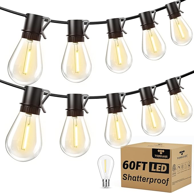 Torkase Dimmable S14 LED Patio Lights 60FT 20+1 Vintage Bulbs, ETL Listed Commercial Grade Waterproof String Lights for Porch, Gazebo, Market Lighting