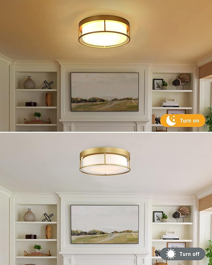 CALDION Ceiling Light, 15 Inch Flush Mount Ceiling Light Fixture, Gold Finish with Opal Frosted Glass, Round Close to Ceiling Lights for Bedroom, Kitchen 6871LFM-GD-15