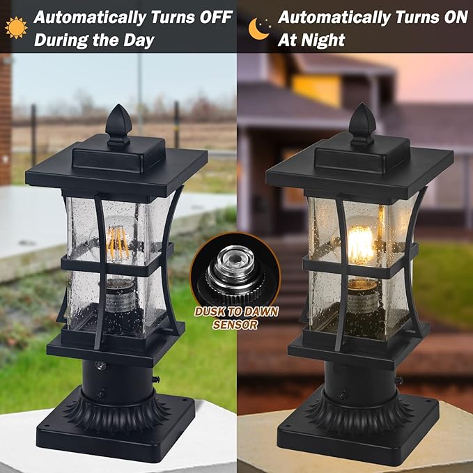 2 Packs Dusk to Dawn Outdoor Post Light Fixture with Pier Mount Base - Black Outdoor Pole Lighting, Waterproof Pillar Lantern, Modern Outside Column with Seeded Glass for Pathway, Garden, Patio,