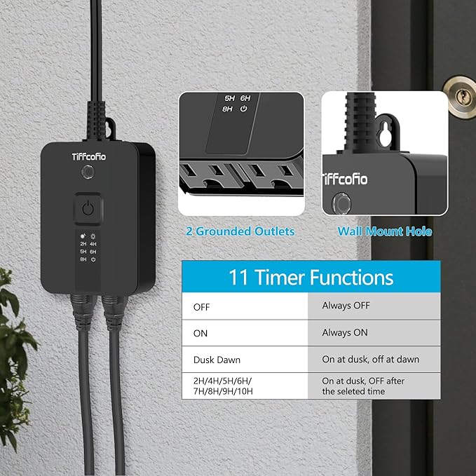 TiFFCOFiO Outdoor Timer Waterproof, Remote Control Dusk to Dawn Sensor, 2 Grouded Electrical Outlets for Lights,15A 1875W, ETL Listed