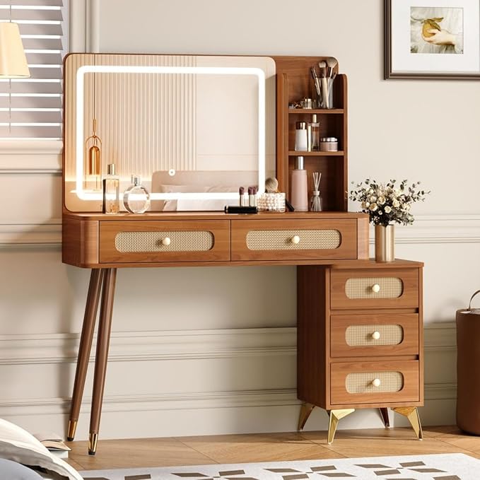 Vanity Desk with Mirror and Lights,Makeup Vanity with 2 USB Power Strip,3 Lighting Modes Adjustable Brightness, Foldable Three-Sided Mirror (ALIQWERY-008)