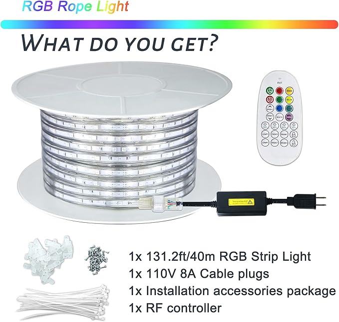 110V 8 Colors RGB Dimmable Strip Light Outdoor 131.2ft 40m Rope Lighting Kit Indoor Waterproof IP65 Connectable Flexible for Christmas Bar Boat Parties Landscape Decoration