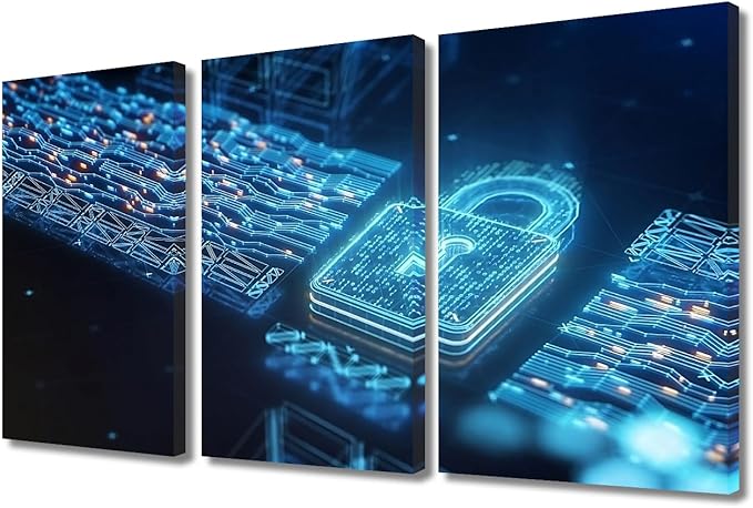 TUMOVO 3 Panel Wall Paintings for Living Room, Lock Icon and Internet Network Security Technology Picture Prints on Canvas for Home Office Wall Decorations Framed Ready to Hang, 36" Wx24 H