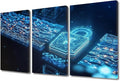 TUMOVO 3 Panel Wall Paintings for Living Room, Lock Icon and Internet Network Security Technology Picture Prints on Canvas for Home Office Wall Decorations Framed Ready to Hang, 36" Wx24 H