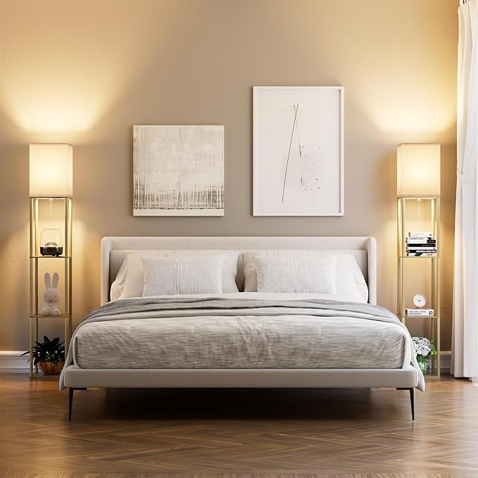PARTPHONER Floor Lamp with Shelves for Living Room Natural Wood 2 Pack, Shelf Floor Lamp with 3 CCT LED Bulb, Corner Display Standing Column Lamp Etagere Organizer Tower Nightstand for Bedroom Office