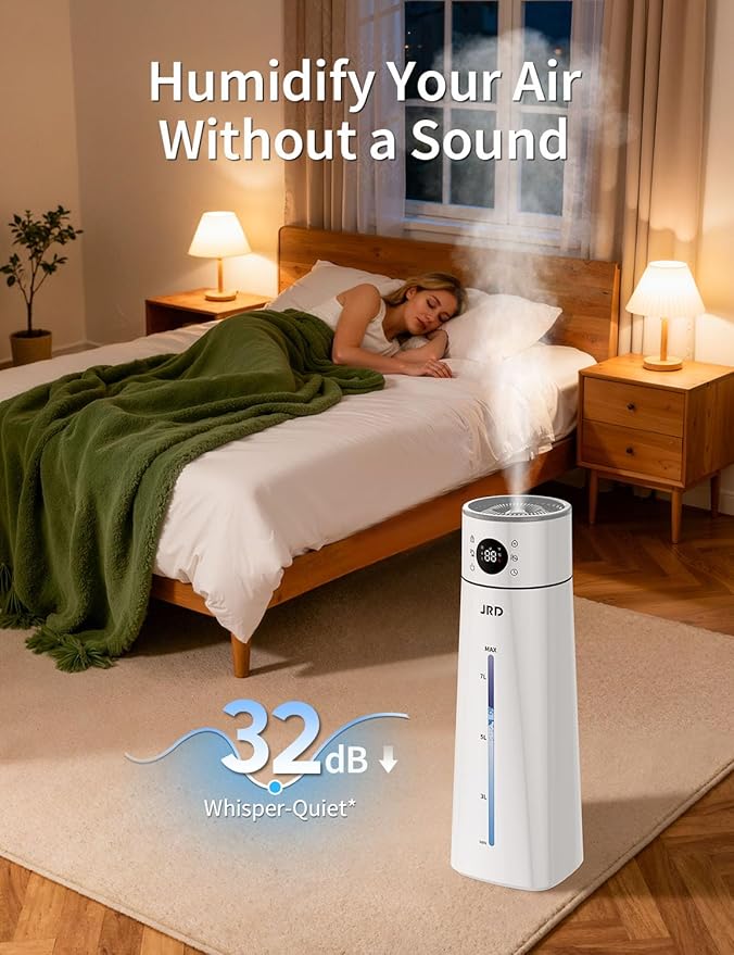 JRD Humidifier Large Room 8L/ 2.1Gal, Ultrasonic Cool Mist for Bedroom, Quiet Humidifier with Remote Control, 10 Mist Modes, 24H Timer, Night Light, AI Mode, 40H Run for Home Office（Grey）