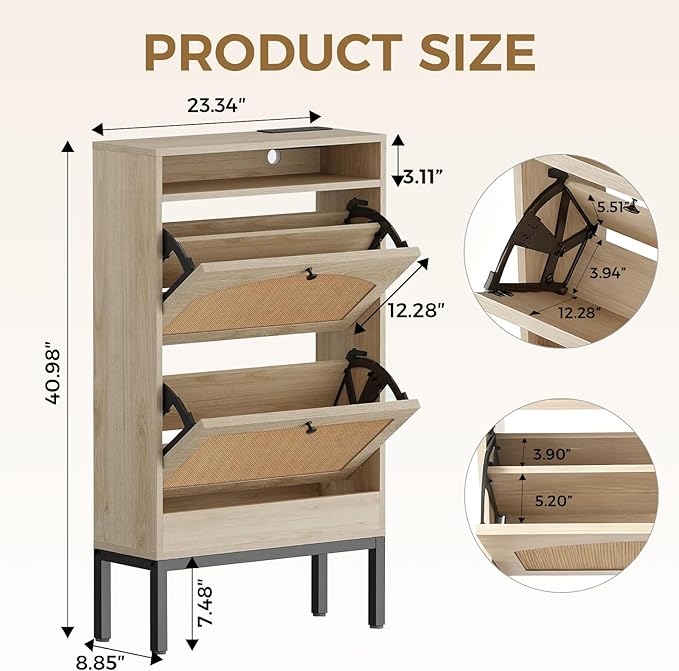 COMHOMA Shoe Cabinet with Charging Station, Flip Down Shoe Storage Organizer with Adjustable Shelves, Hidden Slim Shoe Rack with Anti-Tip Kit for Entryway or Hallway (Oak Rattan)