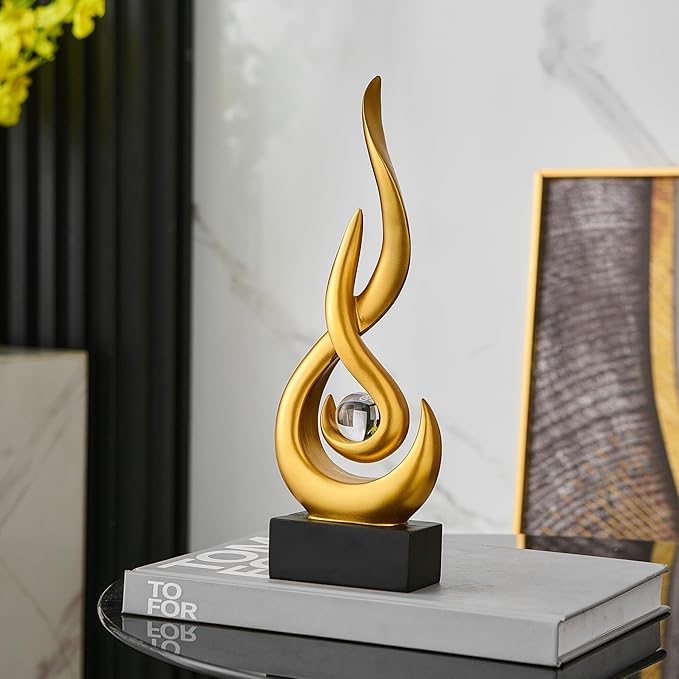 Gold Flame Statue Decor for Living Room, 11.8″ H Modern Minimalist Sculptures Home Decorations for Dining Room, Abstract Art Sculpture for Shelf Coffee Table Centerpiece