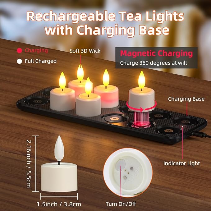 PChero Flameless Candles with Remote Timer & Magnetic Charging Base, 12 Pack Waterproof Rechargeable LED Tea Lights Fake Floating Candles for Pool Outdoor Lantern Wedding Centerpieces Christmas Decor