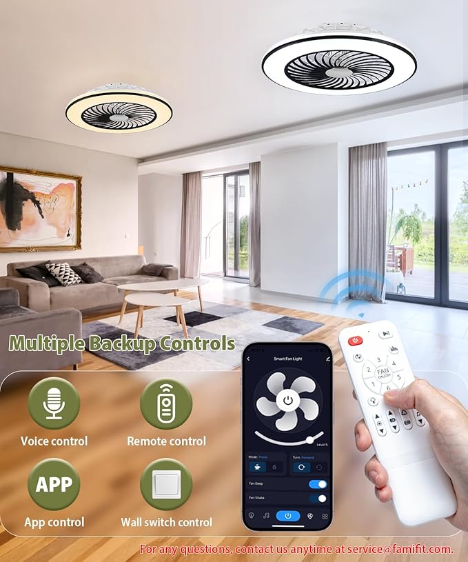 2-in-1 Low Profile Ceiling Fan with Light, 24” Caged Safety Design for Kids - RGB Color, Smart APP/Remote Control, Quiet Flush Mount DC Motor, Ideal for Bedroom/Living Room/Kitchen, Black