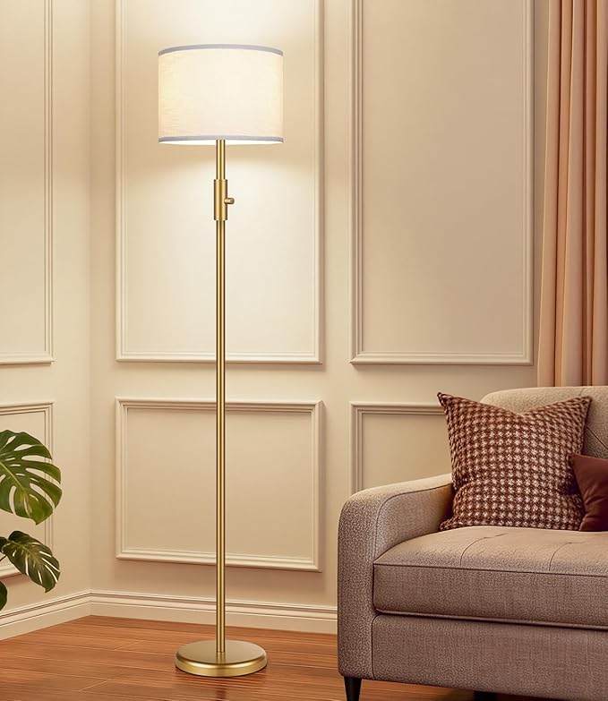 【Upgraded】 Dimmable Gold Floor Lamps for Living Room, 9W LED Bulb Included, Modern Standing Lamp with White Lamp Shade, Tall Pole Light for Bedroom Reading Office Corner Nursery