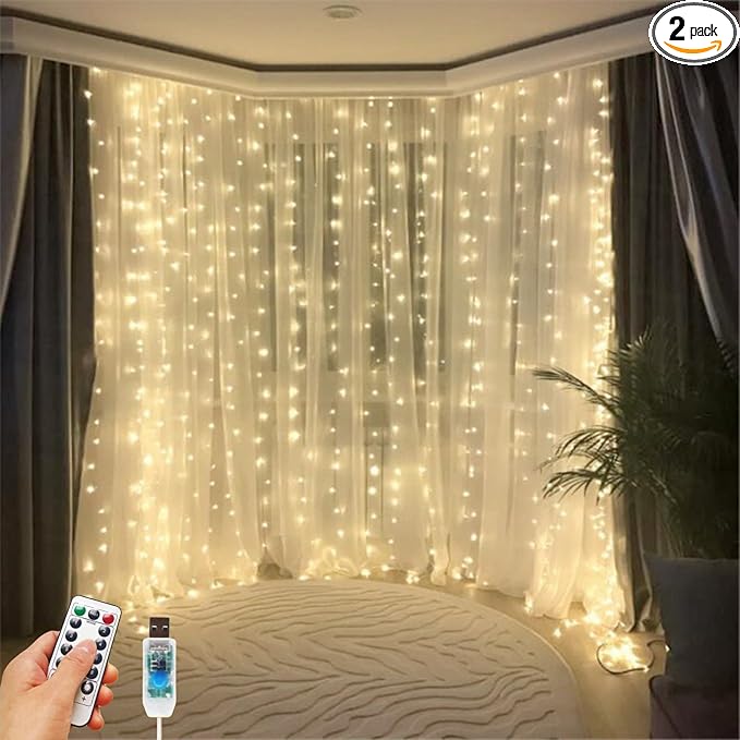 2 Pack 300 LED Fairy Curtain Lights, 9.8 x 9.8FT Warm White USB Plug in 8 Modes String Hanging Lights with Remote for Christmas, Bedroom, Indoor, Outdoor, Weddings, Party (Warm White)