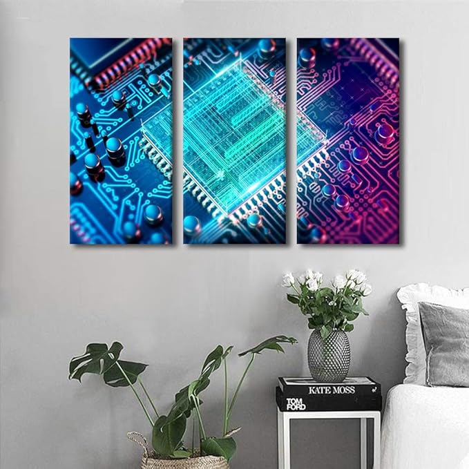 Canvas Wall Art Motherboard Digital Chip Artwork Pictures Bathroom Decor Computer Processors CPU Wall Art 3 Panel CPU Concept Contemporary Home Decor Print on Canvas Framed Ready to Hang(28"Wx42"H)