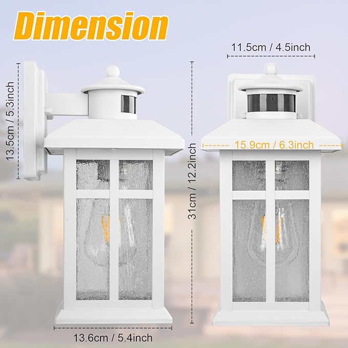 2 Packs Motion Sensor Outdoor Lights, Outside Light Fixtures for House White, Porch Lights Outdoor 2- Pack with E26 Sockets & Tempered Glass, Waterproof Exterior Wall Lights Motion Sensor