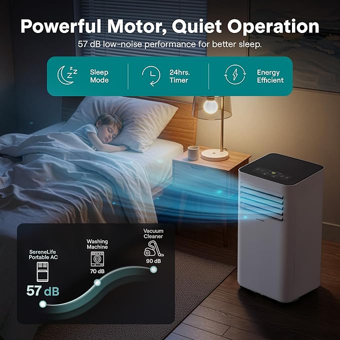 SereneLife Small Air Conditioner Portable 8,000 BTU with Built-in Dehumidifier - Portable AC unit for rooms up to 350 sq ft - WiFi app + Remote Control, Window Mount Exhaust Kit