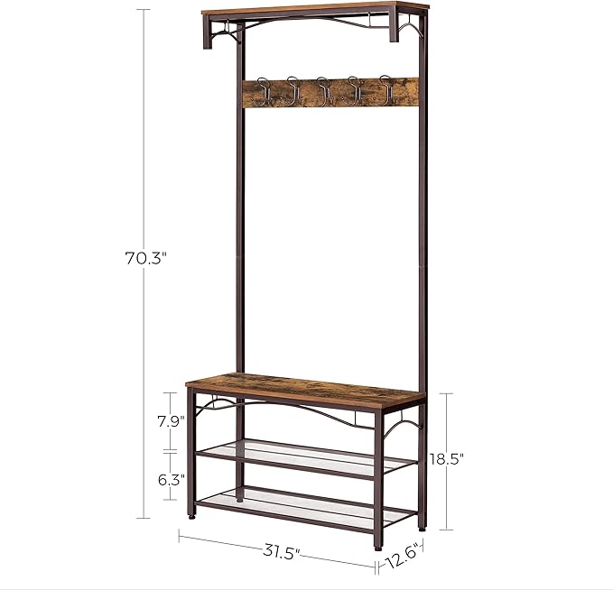 VASAGLE Coat Rack, 3-in-1 Hall Tree, Entryway Shoe Bench Coat Stand, Storage Shelves Accent Furniture Steel Frame Large Size, Industrial, Rustic Brown and Bronze UHSR45AX