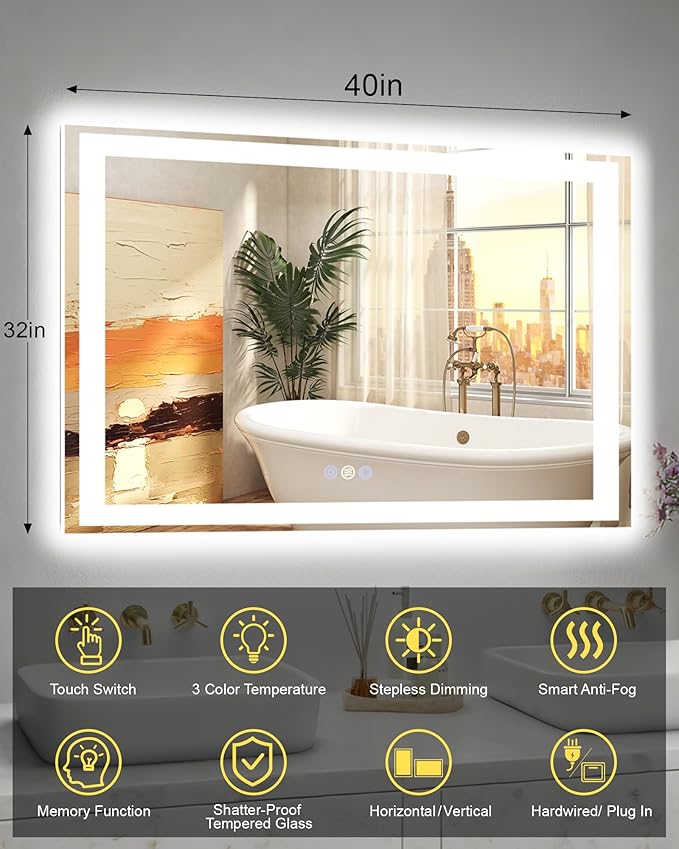 40x32 LED Bathroom Mirror with Lights, Super Bright Front & Backlit Vanity Mirror for Wall, Anti-Fog & Memory Smart Mirror, 5mm Shatter-Proof Tempered Glass, ETL Listed, Vertical/Horizontal
