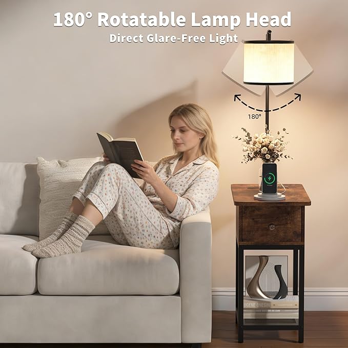 Floor Lamp with Table, Side Table with Lamp Attached, Narrow End Table with LED Lights and Charging Station, Nightstand with Wood Drawer for Living Room, Bedroom, Rustic Brown