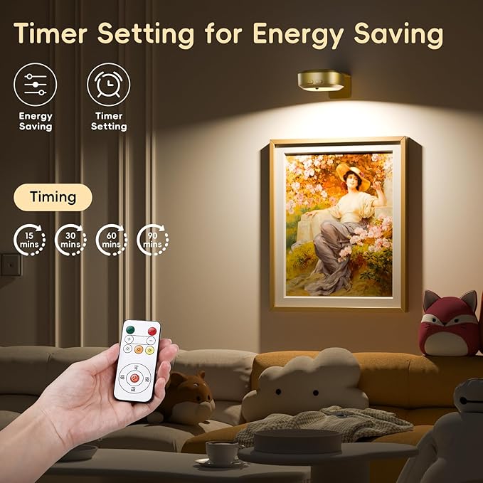 Picture Lights for Wall with Charge Station, 3 Pcs Rechargeable Magnetic Poster Lights with 3 Color Temperatures, Dimmable Timer Painting Wall Decor Light for Art Display, Frame (Gold)