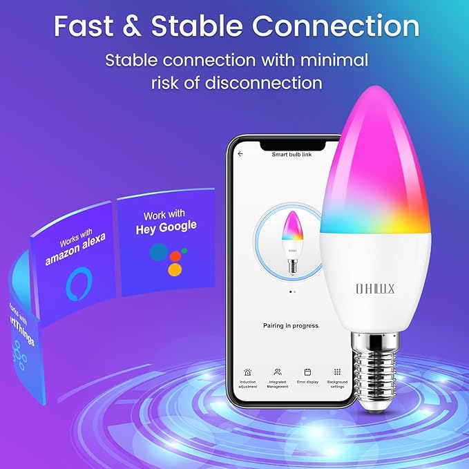 OHLUX Smart Candelabra LED Light Bulbs, 3.5W E12 Base, Compatible with Alexa Google Assistant, Color Changing Bulbs with 16 Million Colors, 2.4GHz WiFi, 4 Pack