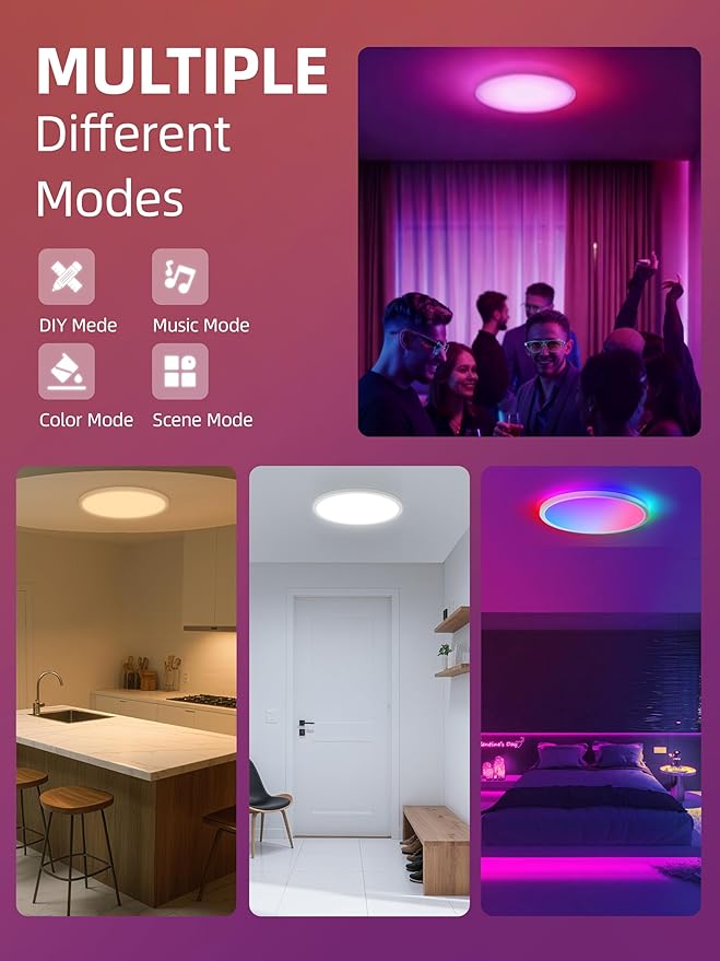 2 Pack 12 Inch Smart Ceiling Light Fixture, RGB LED Flush Mount Ceiling Light with Night Light, 24W 2400LM Ultra-Slim Ceiling Light with Remote, 16 Million DIY Colors, Works with Alexa/Google Home