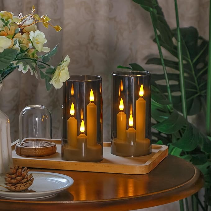 3 in 1 Flameless Taper Short Candles with 10 Key Remote Control and Timer, Battery Operated Pack of 2 LED Acrylic 3" x6" Grey Pillar Flickering Warm Light