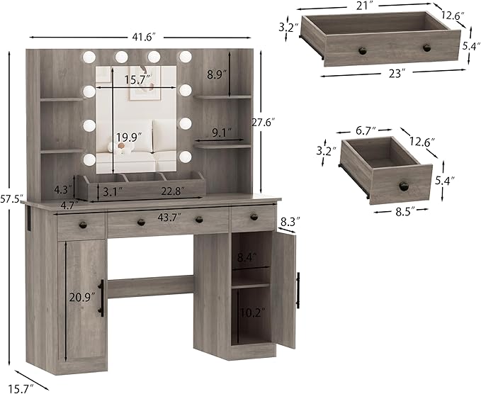 Vanity Desk with Mirror and Lights, Makeup Vanity with Mirror and LED Lights & Power Outlet, 3 Drawers and Cabinets, 3 Lighting Modes Dressing Table Set for Girls Women Bedroom,Grey