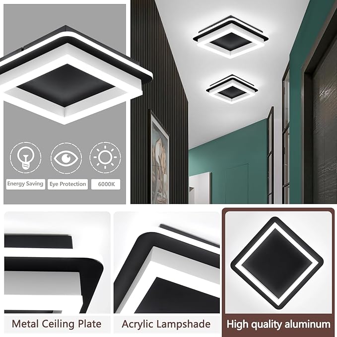 CANEOE Black Led Hallway Light Fixtures 6000K Cold White LED Modern Ceiling Light Fixtures Acrylic Square Flush Mount Ceiling Lamp for Bedroom Kitchen Bathroom Hallway Ceilings Lighting