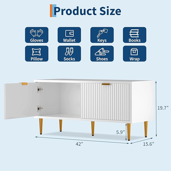 Garvee Shoe Storage Bench for Entryway, Modern Fluted Shoe Cabinet with Storage, Compact Wooden Mudroom Bench for Hallway, Foyer, Entrance, Front Door, White