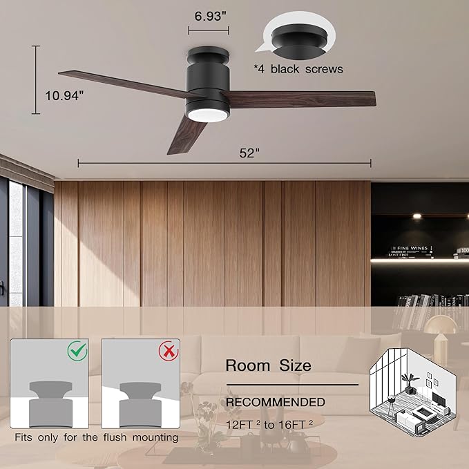 52” Smart Flush Mount Ceiling Fans with Lights Remote,Quiet DC Motor,Outdoor Indoor Low Profile Ceiling Fan,Voice Control via WIFI Alexa App,Modern Black& Walnut Dimmable Fan for Bedroom Patio