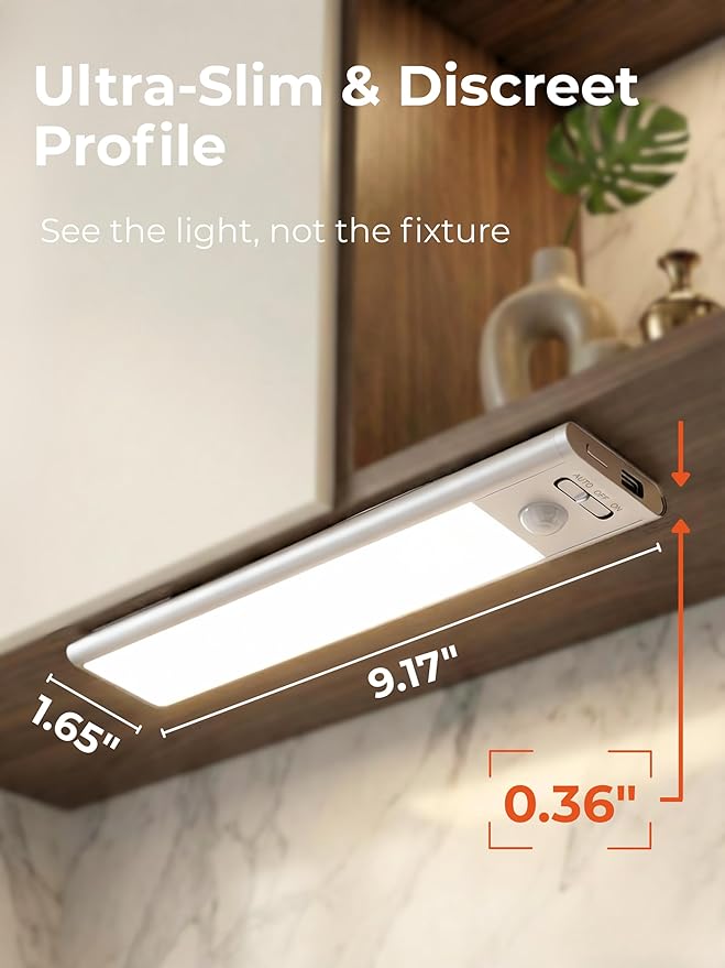 9 inch Under Cabinet Lighting, Cordless USB Rechargeable Motion Sensor Closet Light Indoor, Magnetic Adhesive LED Lights, Peel and Stick Light Bar for Counter, Shelf, Stairs, Pantry (2 Pack)