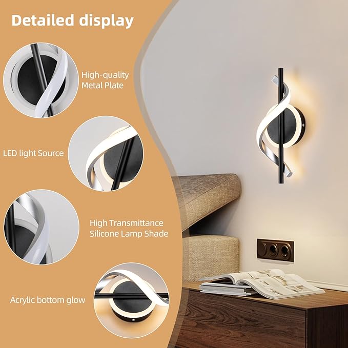 Black Wall Sconces Sets of 2, 12W Modern Spiral LED Wall Lamp, 3000K Warm White Wall Light Fixture for Stairs Living Room Bedroom Aisle Hallway
