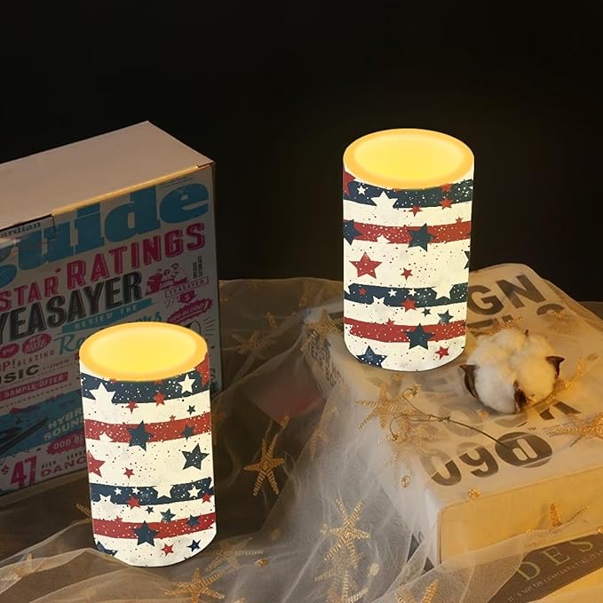 USA Flag Flameless Candles 2 Pack 6 x 3 inch Battery Operated Candles with Multicolor Timer Remote Control LED Fake Candles for Warm Light Dinner Table Home Decor